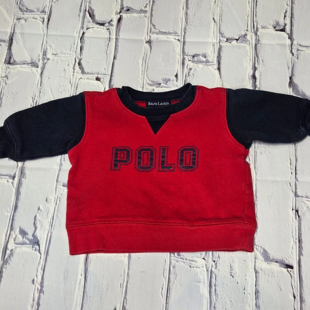 Vintage Y2K Ralph Lauren Baby Red Navy Blue Polo Sweatshirt‎ 3-6M Cotton Blend